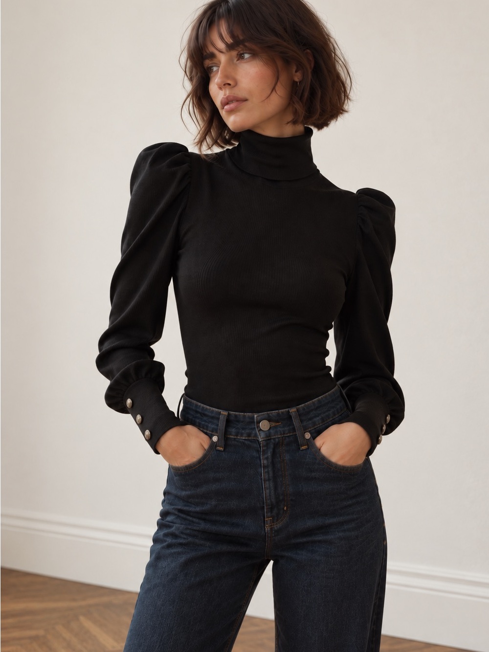 Veronica Beard Juno Puff Sleeve Turtleneck Top Black XS Cotton Long Sleeve